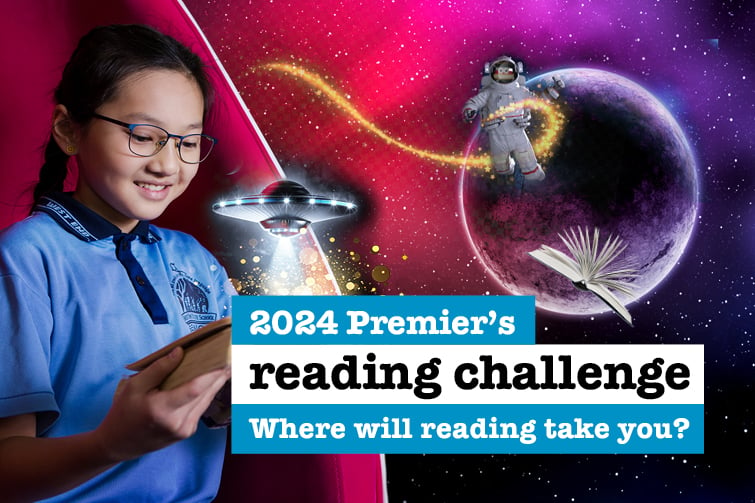 The Premier's Reading Challenge event image of a girl reading a book with astronauts in the background.