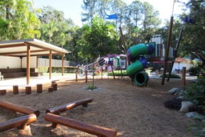 Balancing beams and playground at Amaze World.