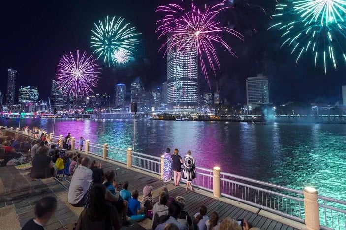 Australia Day Fireworks at South Bank, blue and purple fireworks