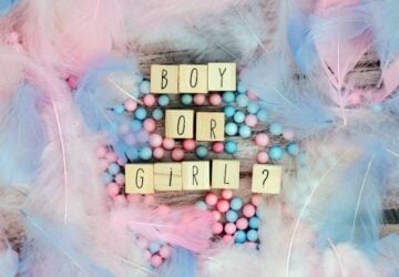 Boy or girl blocks surrounded by pink and blue feathers.