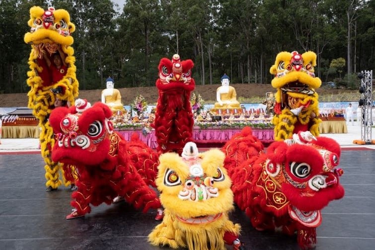 buddha birth day festival event image of dancing dragons.