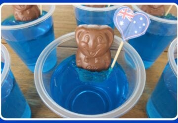 Caramello koala in a 'pond' of blue jelly with an Australian flag