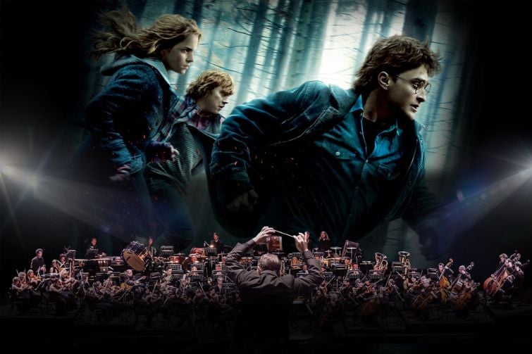 Harry Potter and the Deathly Hollows Part 1 live in concert with the QSO event image of Harry Potter and Herminie with ethe orchestra in front of the big screen.