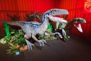 Two velociraptors made of LEGO at Jurassic World by Brickman.