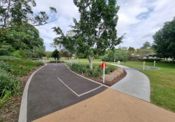 Trees and road signs on learn to ride track at Kangaroo Gully Road Park.