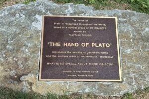 A plaque for The Hand of Plato sculpture at The Mathema Gallery.