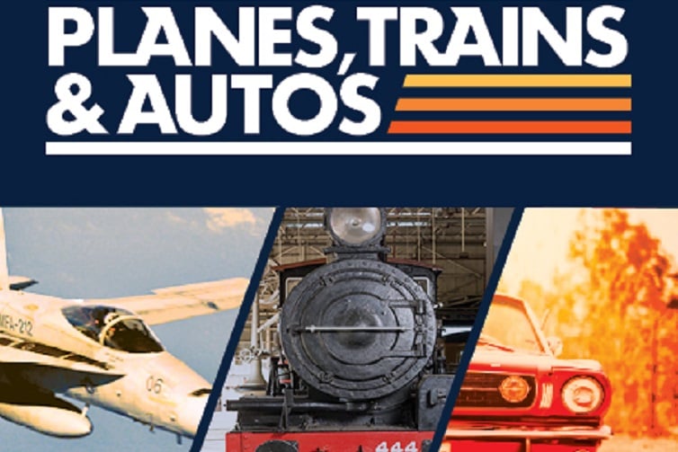 planes train and autos event logo image of a train a car and a jet.