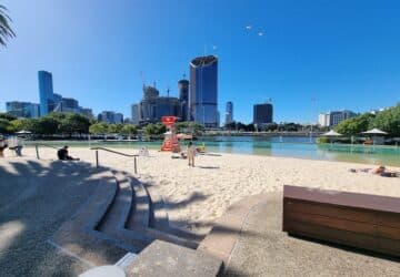 Blue skies and the city skyline at Streets Beach South Bank.