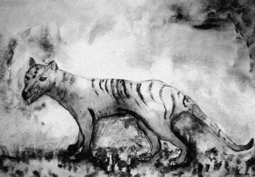 Tasmanian tiger in black and white. The dabbing technique near the edges gives a soft focus effect due to the altered surface roughness of the paper.