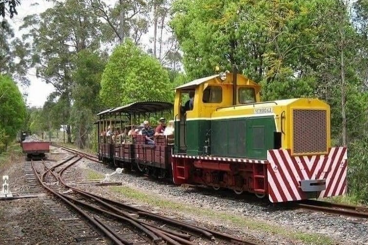 the woodford railway heriateg treain ride event image of people on a train ride through bushland