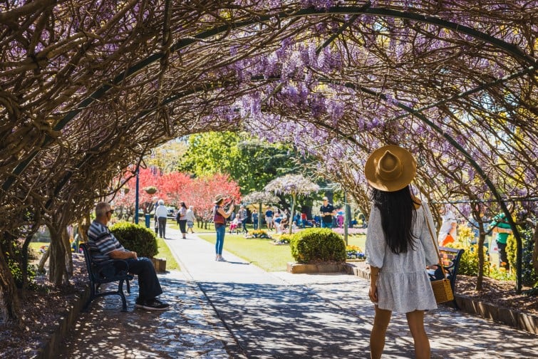 Toowoomba Carnival of Flowers walking under floral arbour.