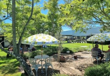 A couple of seats and tables with umbrellas at Towri Growers Market.