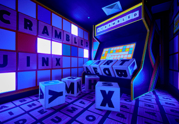 Hijinx Hotel Chermside giant scrambled game in dark room.